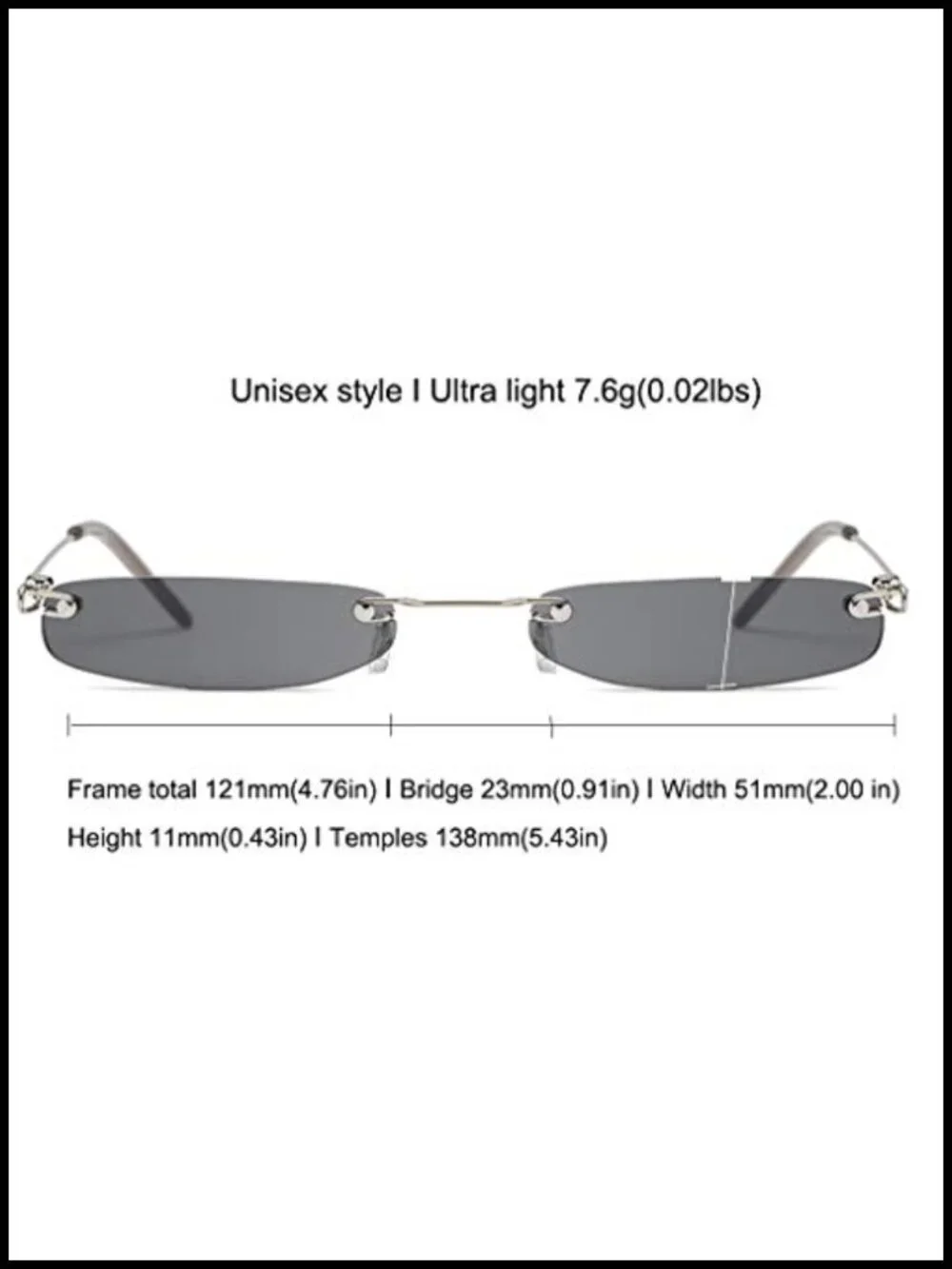 Rimless Narrow Rectangle Sunglasses UV400 Protection Ultra Light Metal Frame
